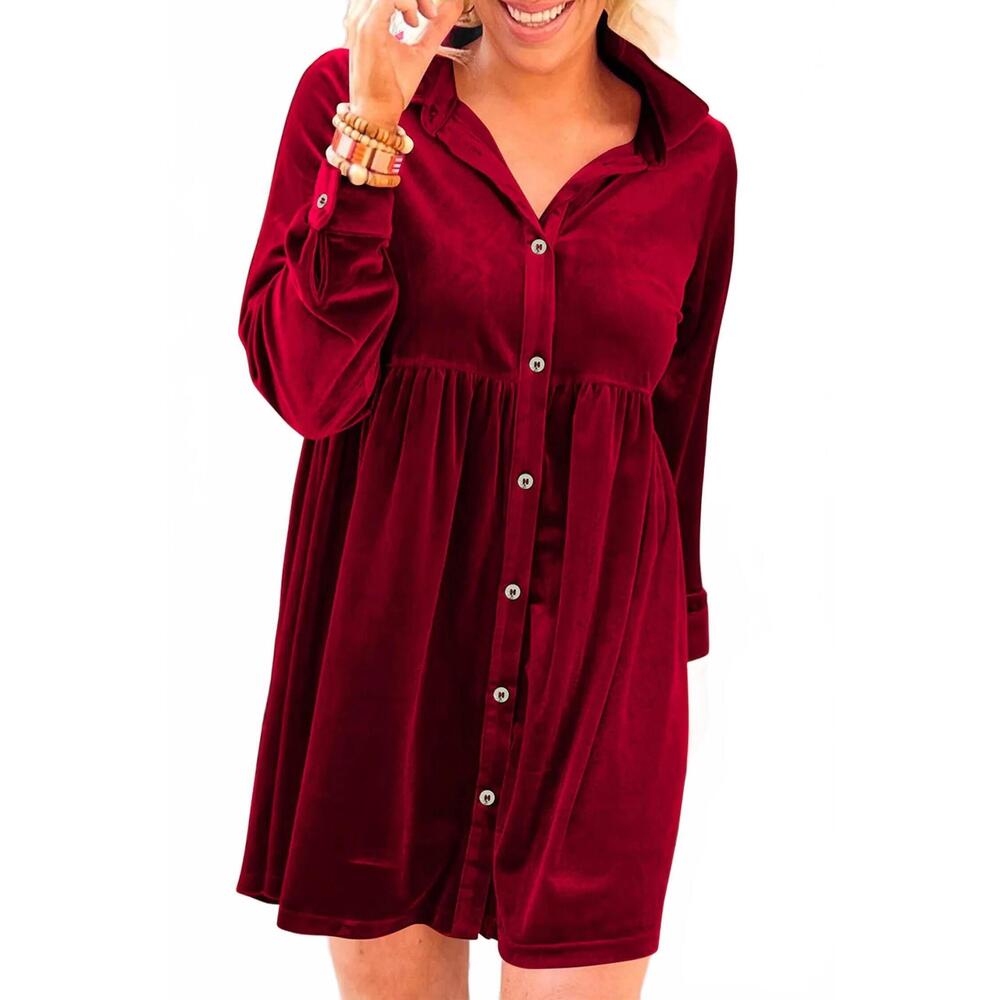 NEW DEAR LOVER long sleeve ruffle velvet button up dress in fiery red